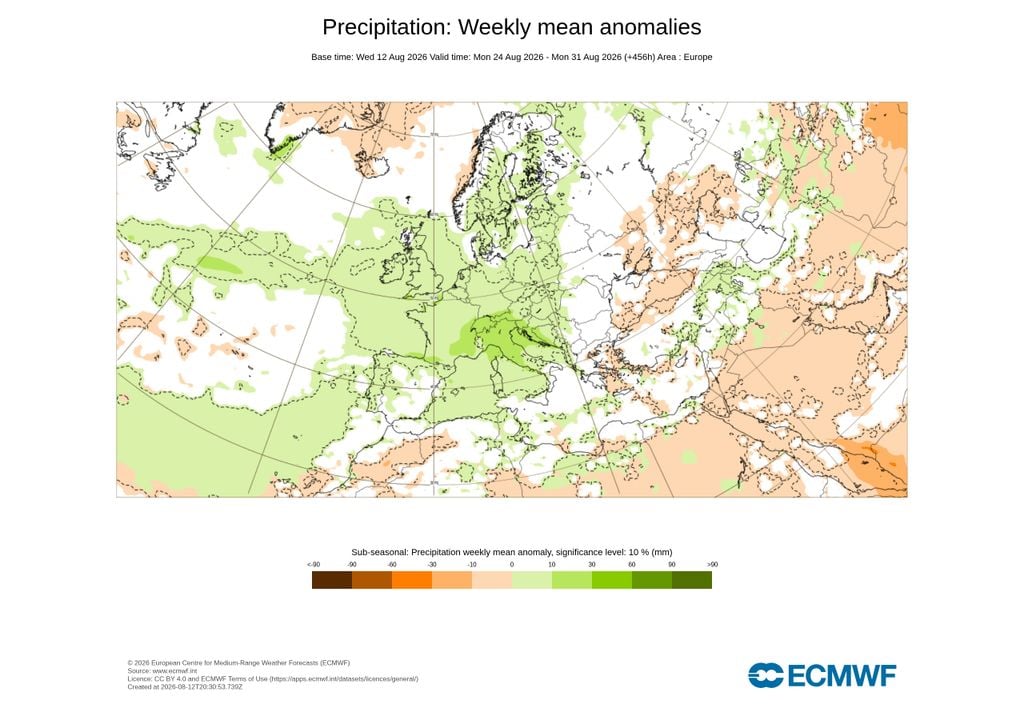 anomalia de precipitação A última semana de agosto poderá contar com ocorrência de chuva acima da média em boa parte do território português.