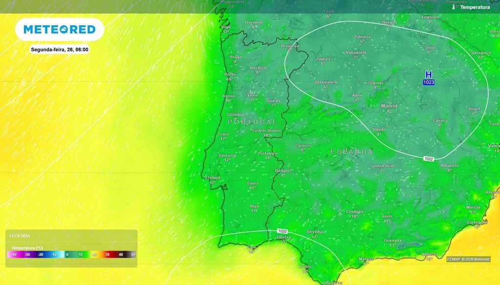 O ECMWF prevê valores próximos de 6 a 10 ºC em várias localidades do Norte e Centro interior, contrastando com temperaturas mais elevadas em algumas zonas do litoral e do Sul.