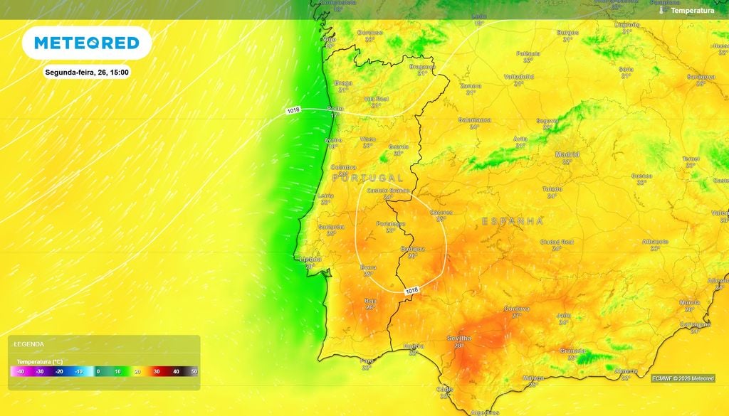 A previsão do ECMWF aponta para uma tarde relativamente quente, com valores próximos de 25 a 26 ºC em algumas localidades do Alentejo e temperaturas mais moderadas no litoral Norte.