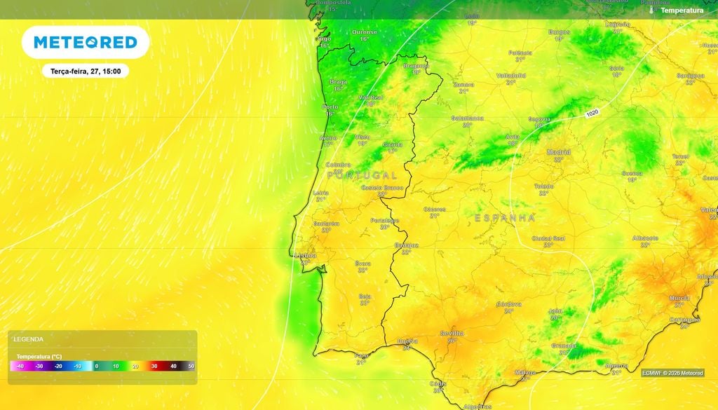 O ECMWF prevê uma tarde menos quente do que a de segunda-feira, com valores próximos de 21 ºC em Coimbra e Leiria e cerca de 22 a 23 ºC em localidades do interior alentejano.