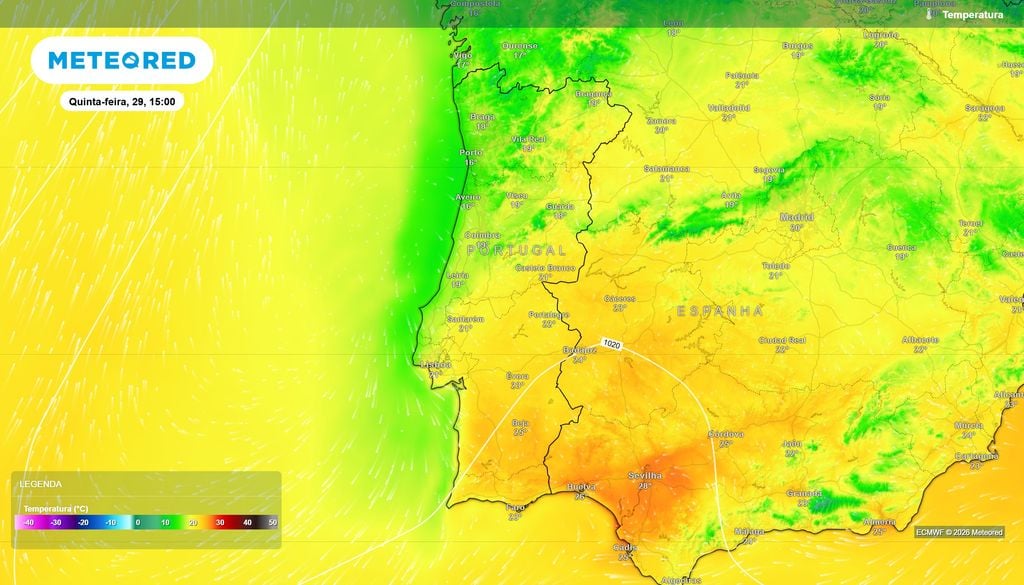 A previsão do modelo europeu indica temperaturas próximas de 25 ºC em Beja e entre 21 e 23 ºC em diversas localidades do Centro e Sul, mantendo-se diferenças entre o litoral e o interior.