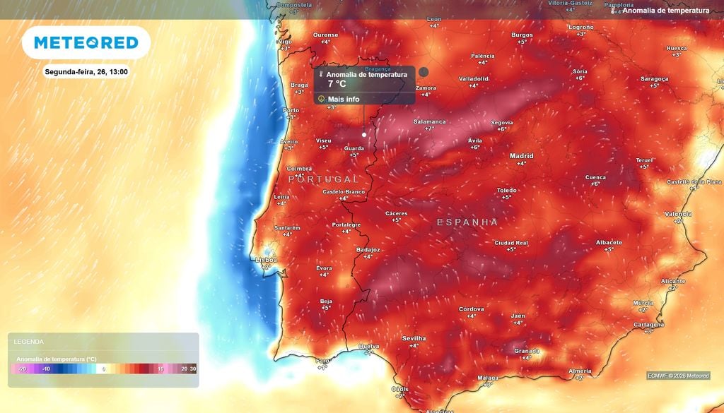 O ECMWF prevê desvios positivos próximos de 4 a 5 ºC em várias localidades do interior de Portugal continental, enquanto algumas zonas do litoral poderão apresentar temperaturas próximas ou abaixo dos valores de referência.