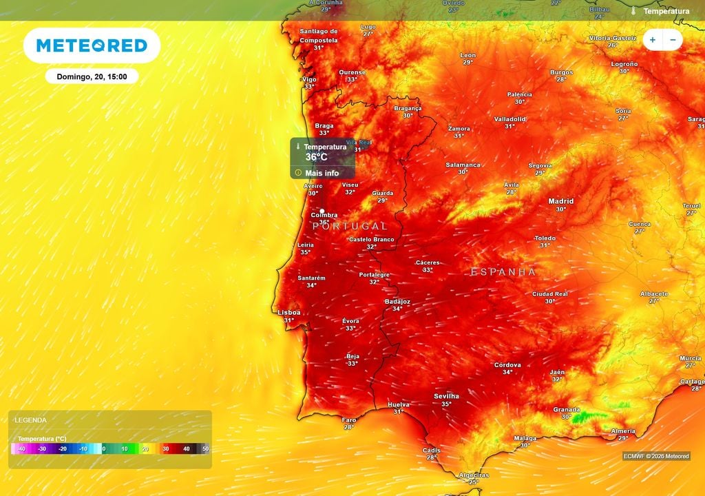 Temperatura O calor intensifica-se no domingo, com máximas acima dos 30 ºC em grande parte do território e valores que poderão aproximar-se dos 35/36 ºC em algumas zonas do Centro.