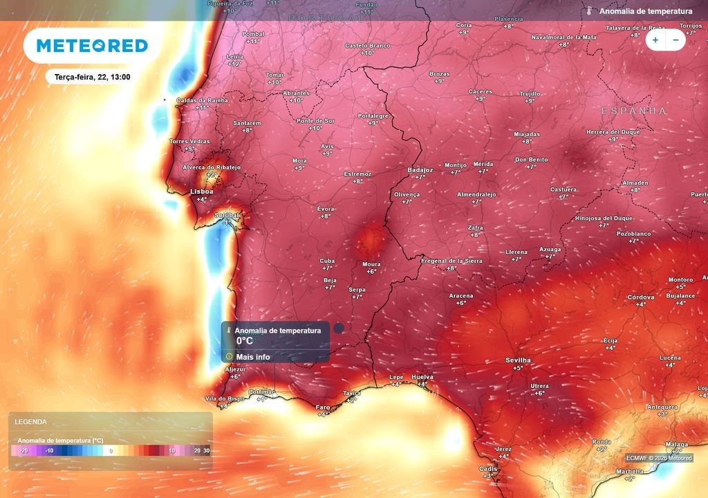 Anomalia da temperatura As temperaturas continuarão muito acima da média na terça-feira, sobretudo no Centro e interior. O litoral algarvio será uma das exceções, com desvios bastante mais reduzidos e, pontualmente, valores próximos do normal para a época.