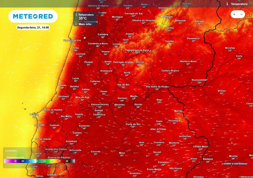 O calor será generalizado na tarde de segunda-feira, com 36 ºC previstos em Coimbra e 35 ºC em Mora. Apesar dos valores semelhantes, a anomalia será superior no Centro devido às diferenças climatológicas entre as duas regiões.