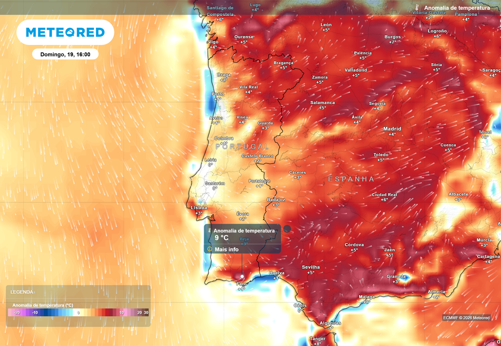 No domingo, 19 de julho, o interior Norte e o Algarve sobressaem como as regiões onde os valores das temperaturas estarão mais elevados face à média climatológica de referência.