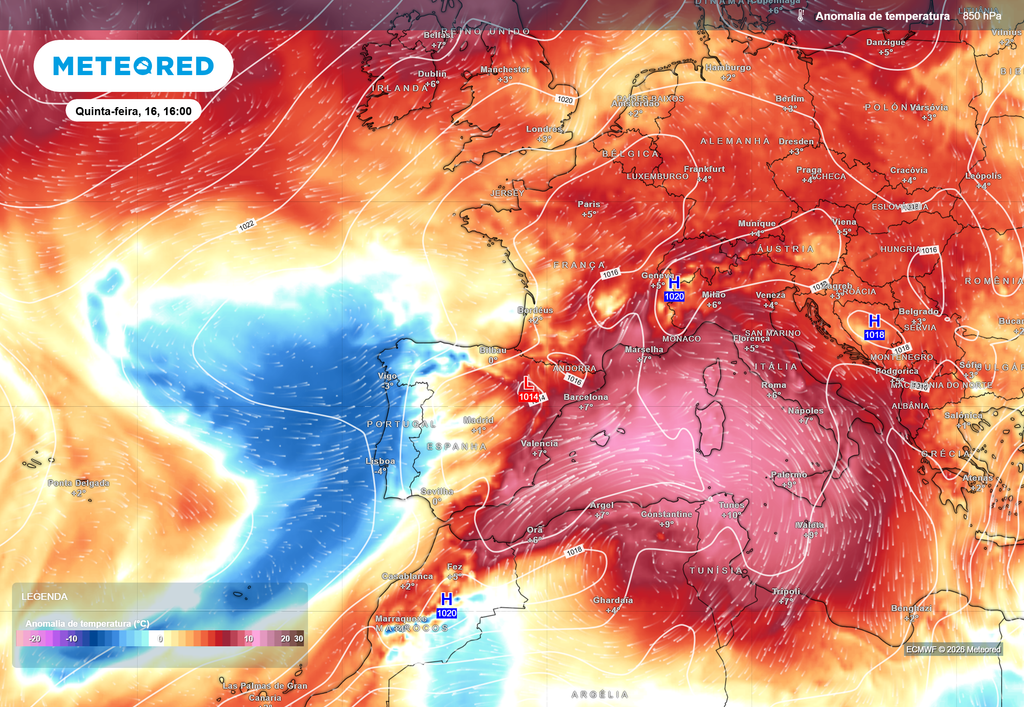 É perfeitamente percetível o enorme contraste térmico entre Portugal continental, exposto ao Atlântico, e várias regiões de países europeus banhados pelo Mediterrâneo, tais como o leste de Espanha, o sul de França, as Ilhas Baleares, Córsega e Sardenha e várias regiões de Itália.