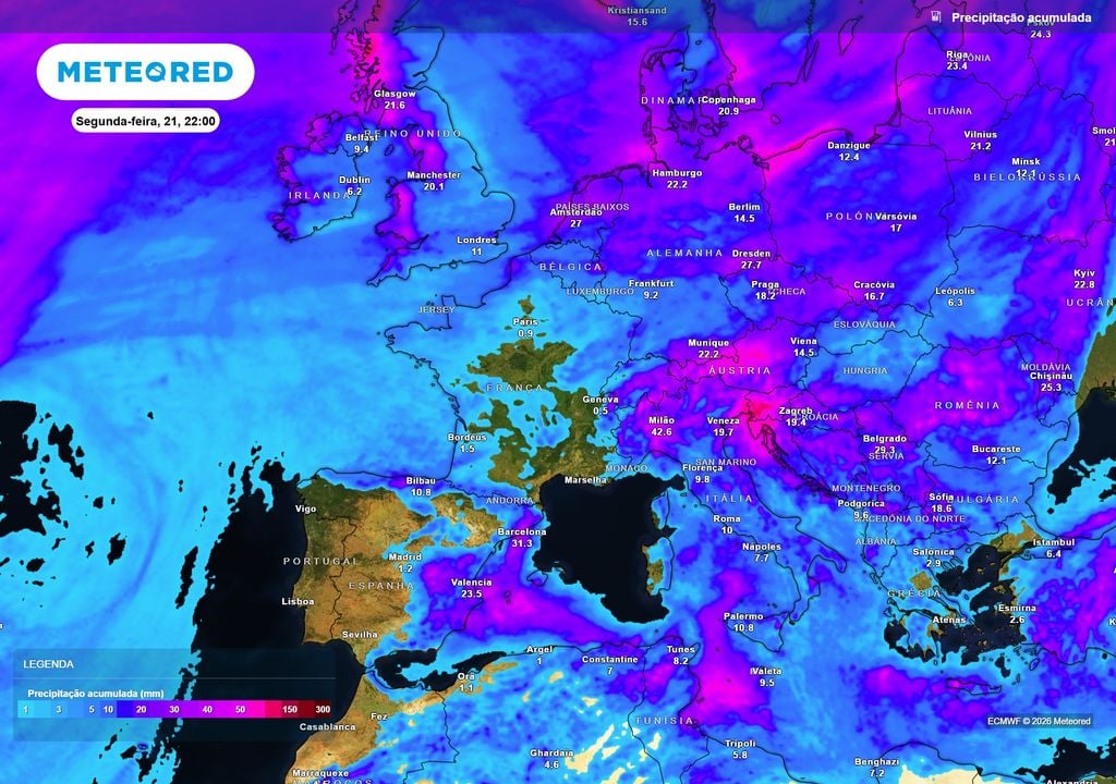 Precipitação acumulada na Europa O mapa de precipitação acumulada até segunda-feira evidencia o contraste entre Portugal Continental e grande parte da Europa. Enquanto vários países poderão acumular dezenas de milímetros, o território português deverá permanecer praticamente sem chuva.