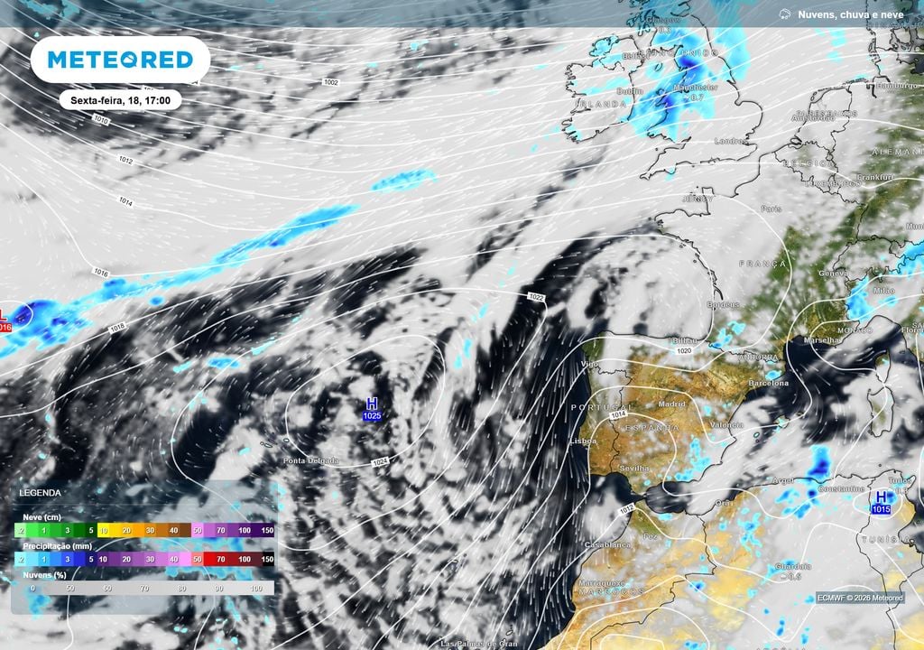 Configuração da pressão atmosférica O Anticiclone dos Açores continuará a desempenhar um papel importante na estabilidade atmosférica em Portugal. As frentes atlânticas deverão permanecer afastadas do território, enquanto alguma instabilidade afeta outras regiões da Península Ibérica e da Europa.