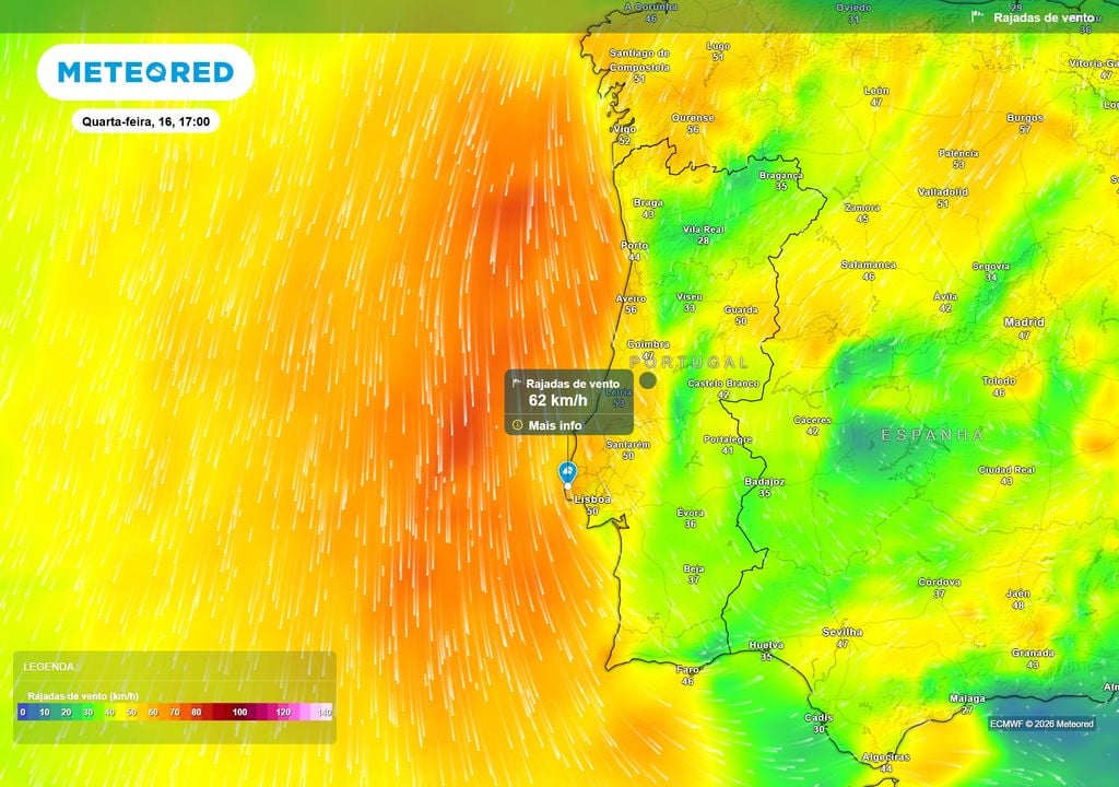 Rajada de vento (km/h) O vento será uma das variáveis a acompanhar nos próximos dias, sobretudo durante as tardes. Entre Lisboa e o Porto, as rajadas poderão ultrapassar localmente os 60 km/h, especialmente nas zonas mais expostas do litoral.