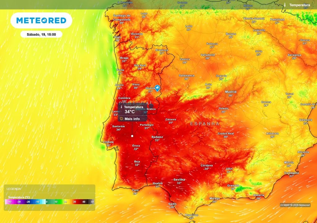 Temperatura O calor volta a ganhar terreno no fim de semana, com grande parte do território a registar máximas próximas ou superiores aos 30 ºC. O Vale do Tejo estará entre as regiões mais quentes, com valores que poderão aproximar-se dos 35 ºC.