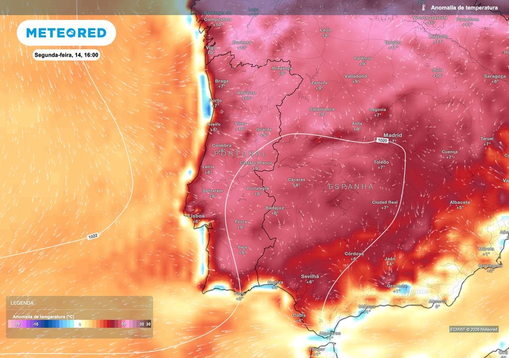 As temperaturas deverão permanecer muito acima da normal na segunda-feira, com anomalias térmicas de 9 a 10 ºC em várias zonas do interior Norte e Centro e valores igualmente elevados em grande parte do Sul.