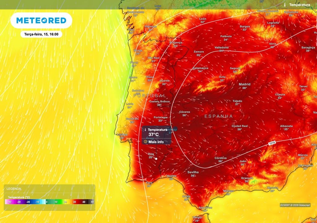 Na terça-feira, a entrada de ar menos quente começará a fazer descer as temperaturas no litoral Norte e Centro, enquanto o calor persistirá no interior, onde as máximas poderão alcançar localmente 35 a 37 ºC.