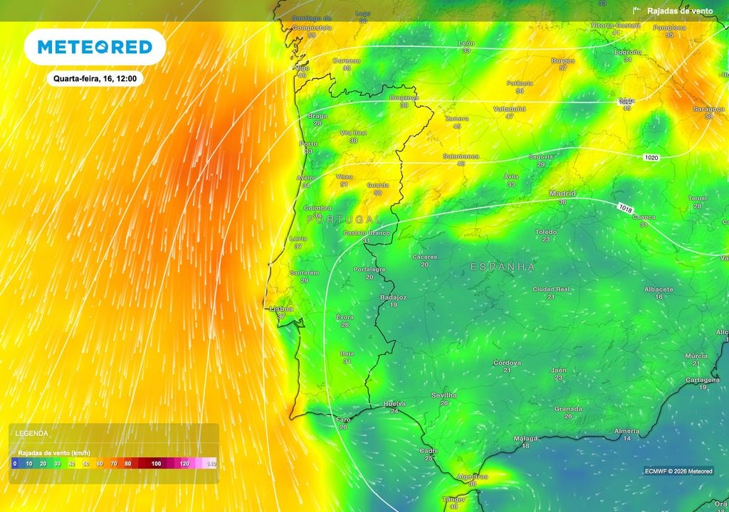 A mudança da circulação atmosférica favorecerá um reforço do vento na quarta-feira, sobretudo no Centro e nas terras altas, onde as rajadas poderão atingir valores próximos dos 50 km/h.