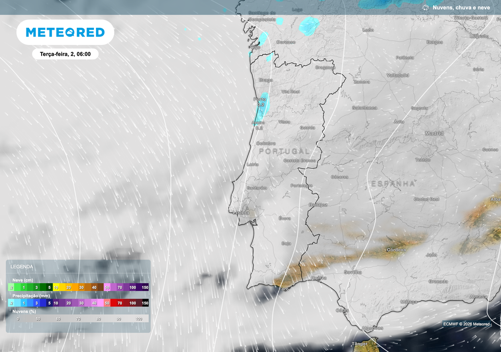 Na madrugada de terça-feira, poderá ocorrer chuva fraca em alguns pontos do litoral Norte e Centro, embora com acumulados pouco significativos. No restante território continental não se prevê precipitação.
