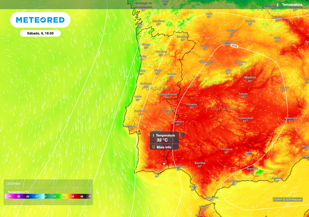 Apesar da persistência da circulação de norte, prevê-se um aumento gradual das temperaturas no interior de Portugal continental durante o fim de semana, com máximas entre 30 e 32 ºC em várias regiões do interior Centro e Sul.