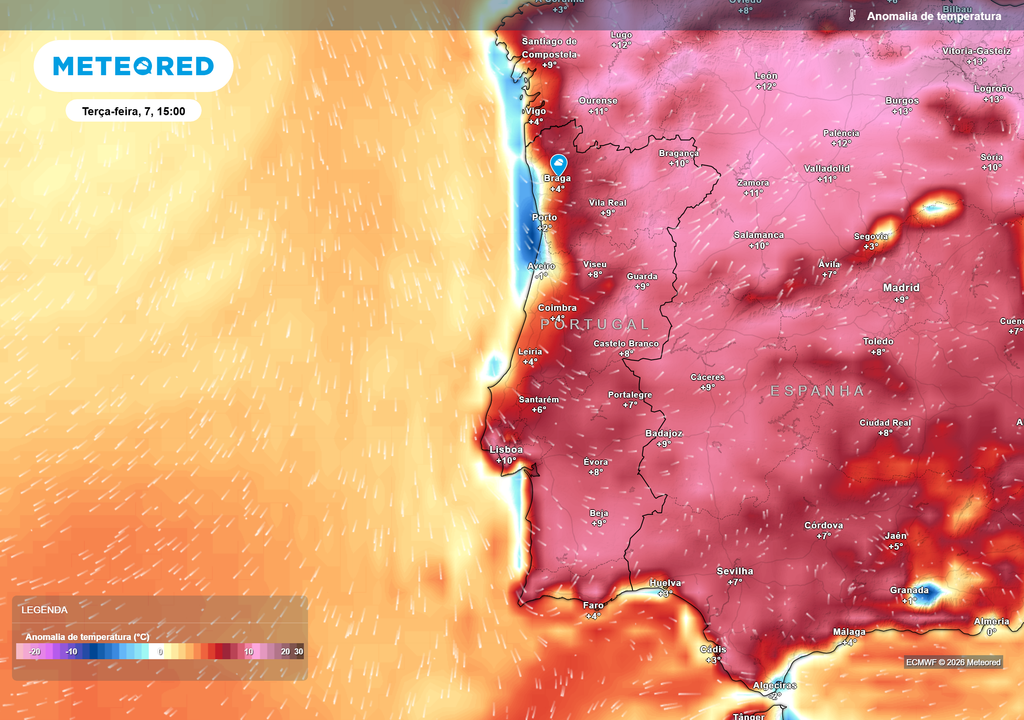 Na terça-feira (dia 7), o litoral Norte e Centro deverá aproximar-se gradualmente dos valores normais para a época, mas o interior continuará com temperaturas muito acima da média.