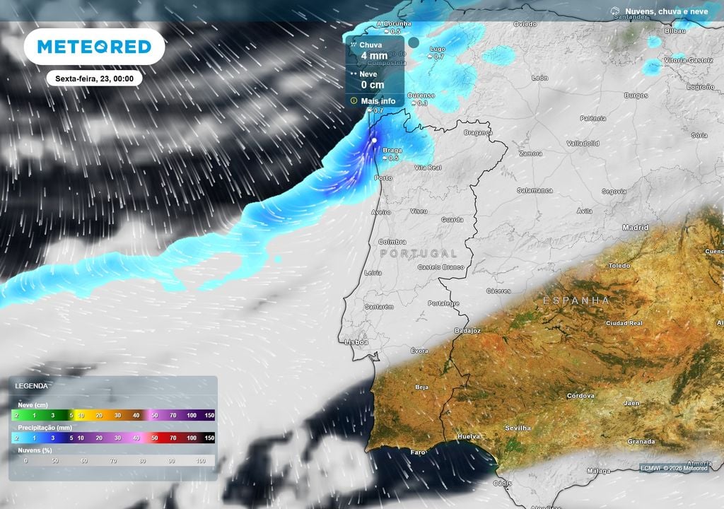 A primeira passagem de chuva deverá ocorrer entre a noite de quinta e a madrugada de sexta-feira, afetando sobretudo o Norte e parte do Centro, mas com acumulados pouco expressivos.