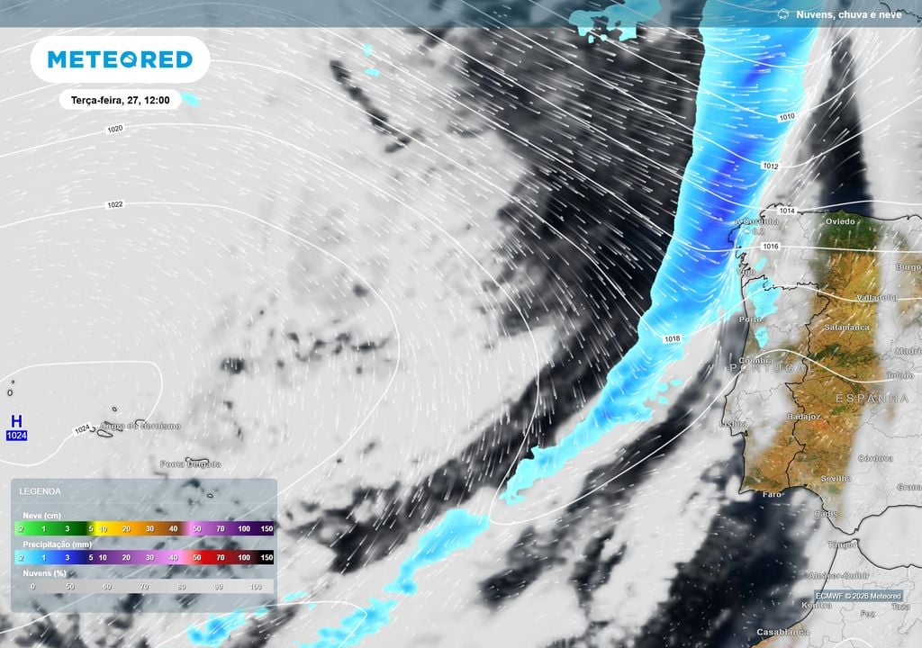 Uma nova frente fria poderá alcançar Portugal na terça-feira, com chuva a entrar pelo Noroeste e a avançar posteriormente para outras regiões do Norte e Centro.