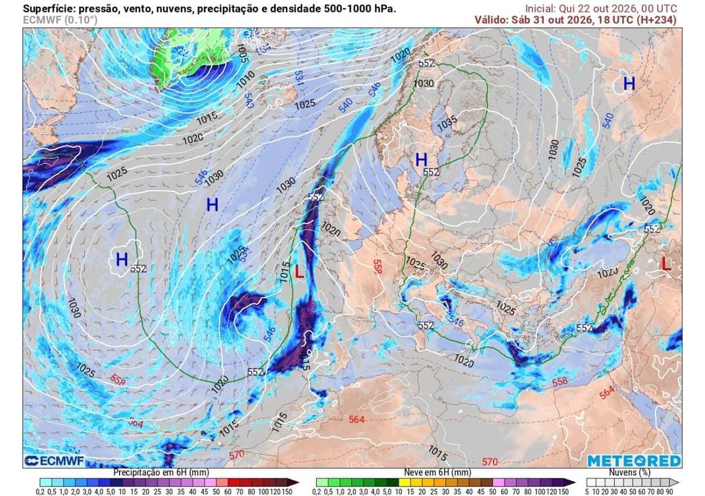 O cenário previsto para dia 31 mostra uma depressão próxima de Portugal e uma extensa área de precipitação, aumentando a possibilidade de chuva mais forte e generalizada de Norte a Sul.