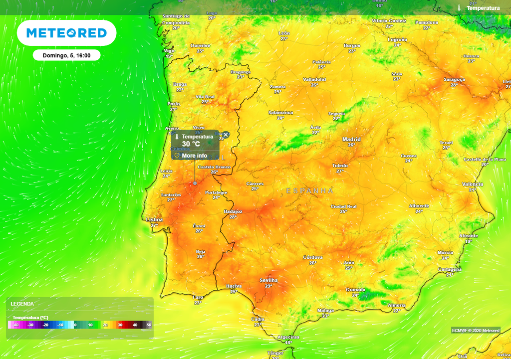 No Domingo de Páscoa, 5 de abril, prevê-se que os termómetros registem temperaturas máximas de 29/30 ºC na zona que se estende entre Abrantes (Santarém) e Gavião (Portalegre), bem como em outras localidades relativamente próximas, tais como Bemposta, Ortiga e Ponte de Sor.