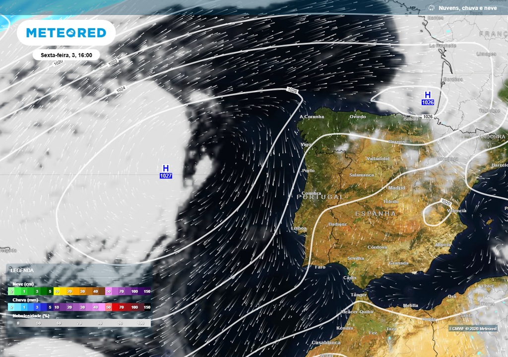 O anticiclone robusto e persistentemente posicionado a oeste da Península Ibérica continuará a traduzir-se em dias de céu maioritariamente limpo, favorecendo uma forte incidência de radiação solar e contribuindo para o aquecimento da baixa atmosfera.