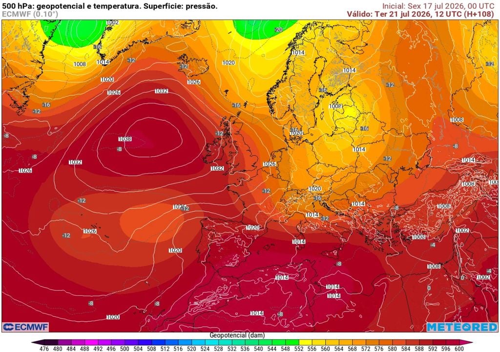 A configuração atmosférica prevista para terça-feira mostra o reforço do anticiclone sobre o Atlântico e a presença de ar mais quente sobre a Península Ibérica, um padrão que favorecerá uma subida gradual das temperaturas em Portugal.