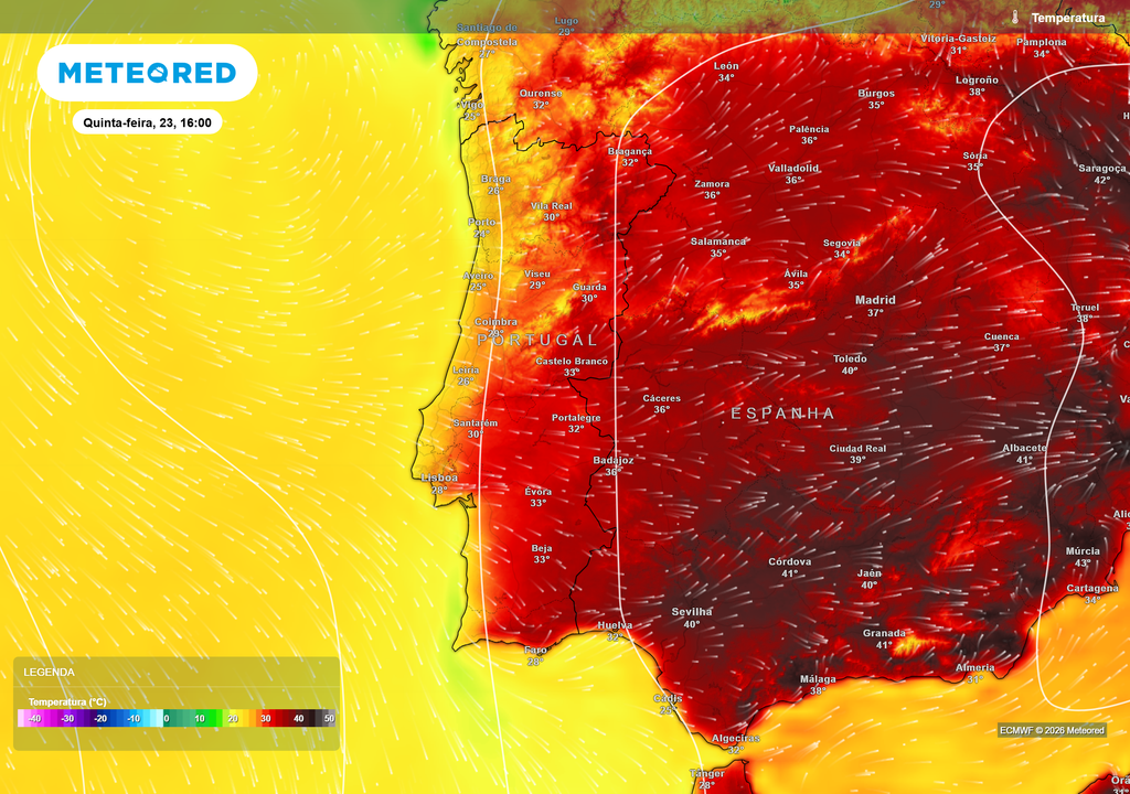 Temperatura à superfície - quinta-feira, 23 de julho, às 16h O calor continuará a dominar grande parte do território na quinta-feira, antes da entrada da massa de ar mais fresco prevista para sexta-feira.
