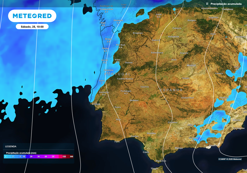 Precipitação acumulada - sábado, 25 de julho, às 10h A precipitação deverá concentrar-se sobretudo no litoral Norte e Centro, mantendo-se praticamente ausente nas regiões do Sul.