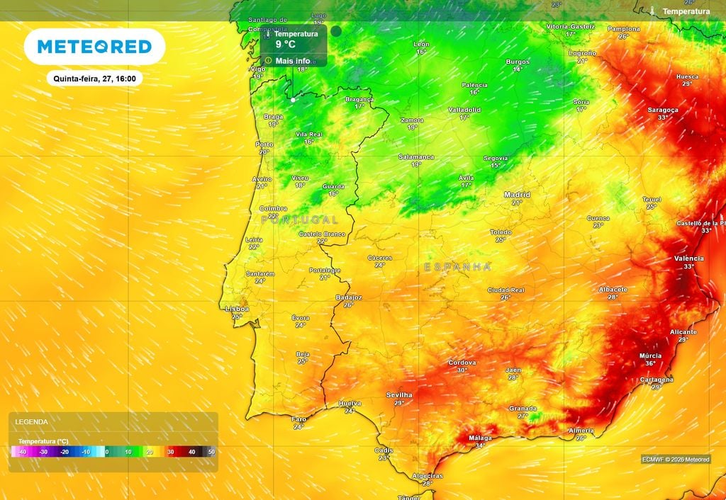 Temperatura prevista às 16:00 de quinta-feira, 27 de agosto.