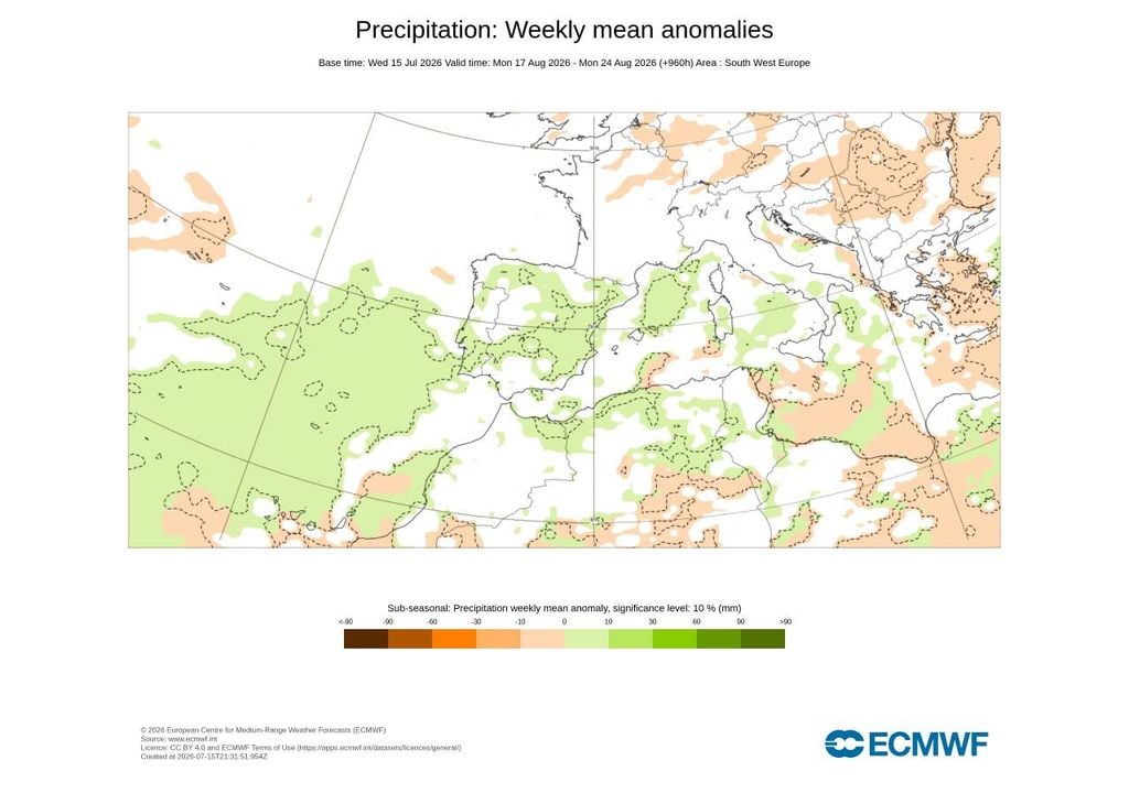 Este mapa de anomalia de precipitação do modelo ECMWF para a semana de 17 a 24 de agosto evidencia a possibilidade de valores de precipitação acima da média em países como Portugal, Espanha e Itália.