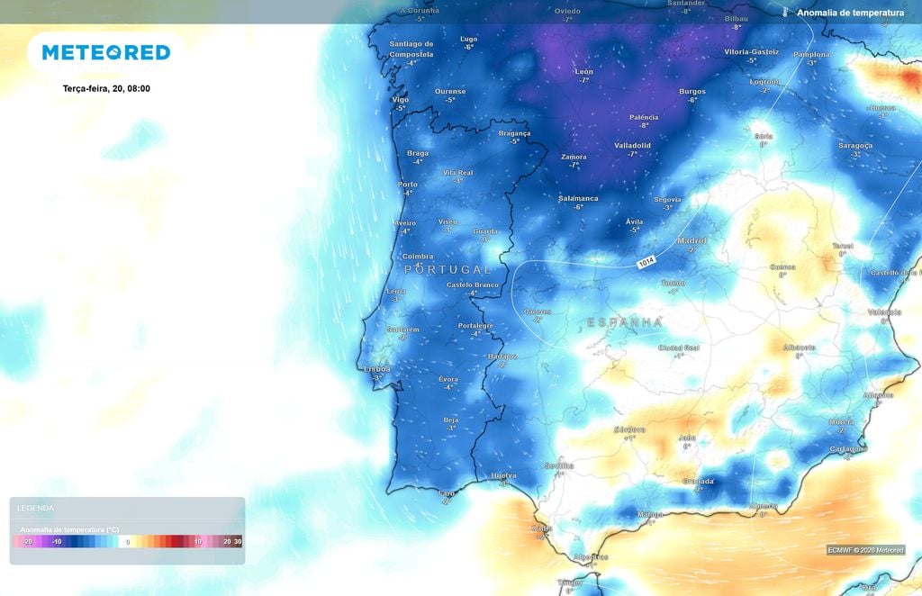 O ECMWF prevê anomalias térmicas negativas em praticamente todo o território continental durante a manhã de terça-feira, com desvios próximos dos -5 ºC no Nordeste Transmontano.