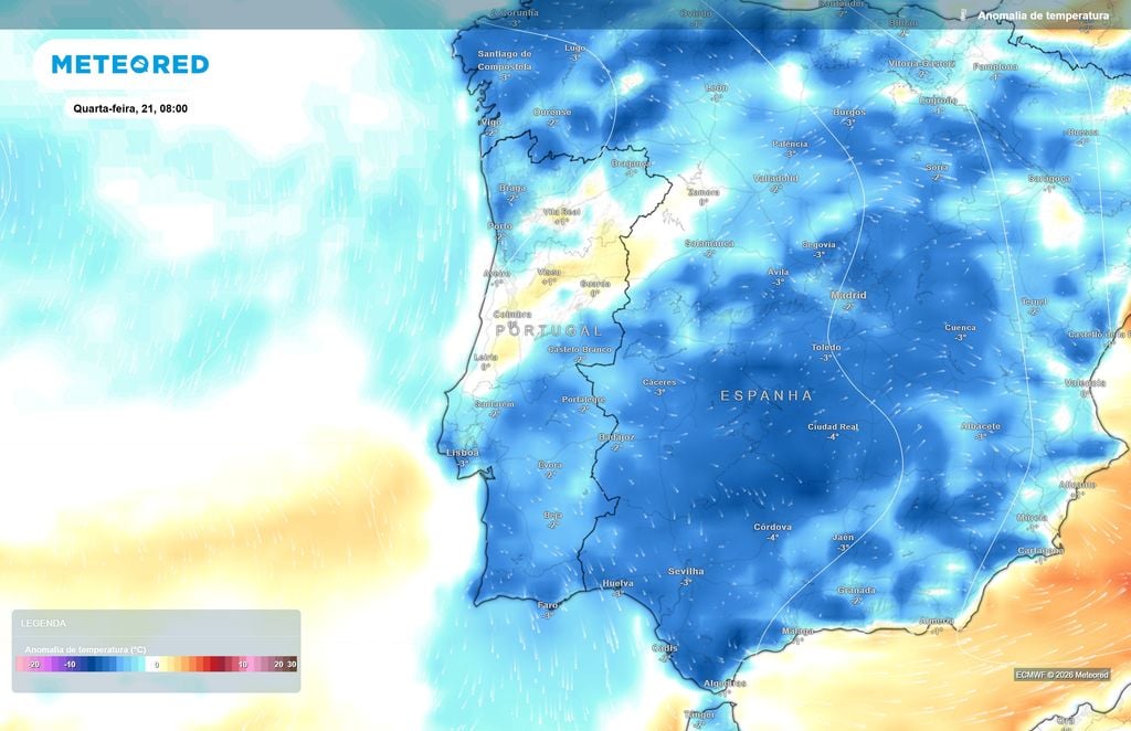As anomalias negativas deverão persistir na manhã de quarta-feira, sobretudo no litoral e em setores do interior Sul, embora algumas regiões apresentem valores próximos do habitual.