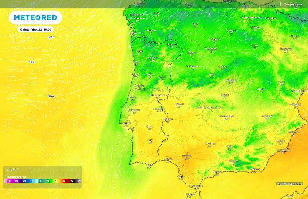 O ECMWF prevê temperaturas próximas dos 20 ºC em várias regiões do Centro e Sul durante a tarde de quinta-feira, contrastando com os valores mais baixos da manhã.