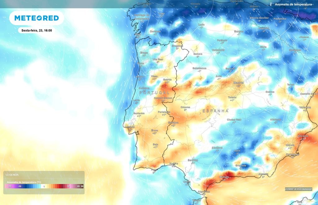 O modelo europeu prevê uma recuperação das temperaturas relativamente à média climatológica durante a tarde de sexta-feira, com anomalias positivas em várias regiões do Norte e Centro.