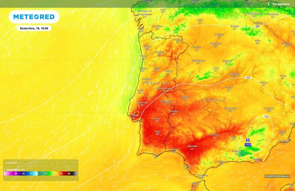 Temperaturas poderão ultrapassar os 30 ºC em algumas regiões de Portugal na sexta-feira O ECMWF prevê uma tarde relativamente quente na sexta-feira, com temperaturas próximas dos 30 ºC em várias localidades do Centro e Sul de Portugal continental.