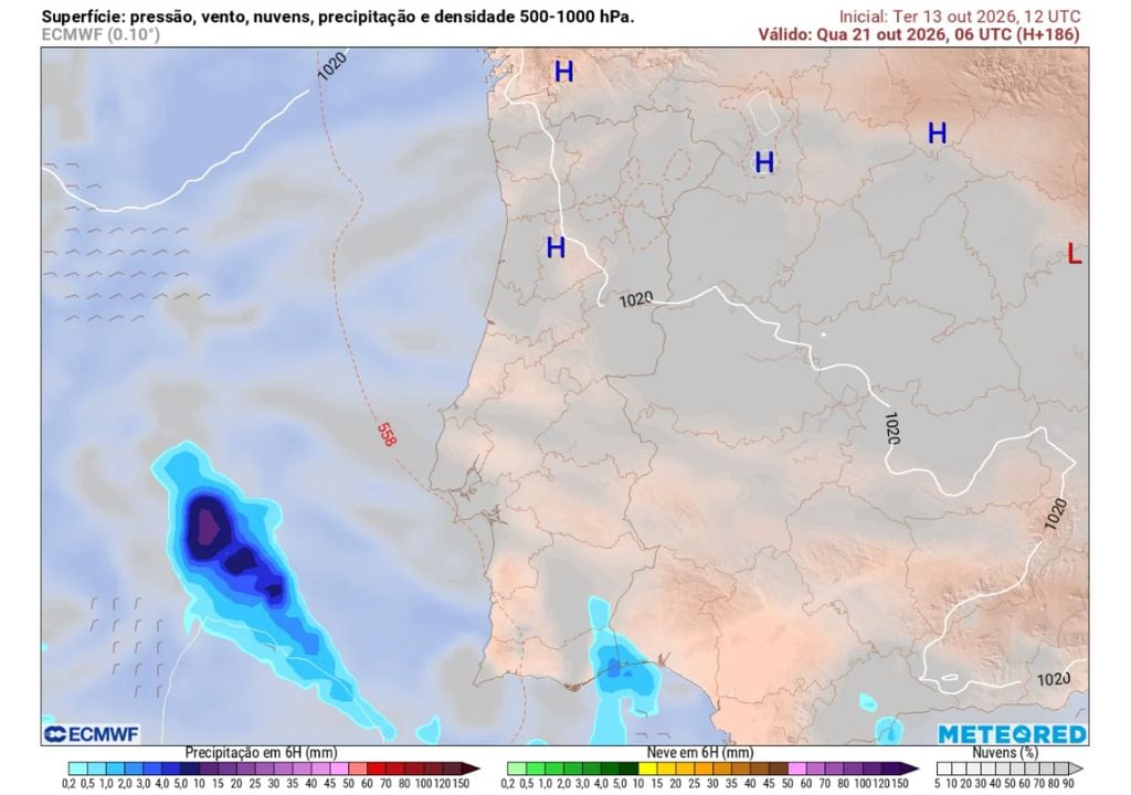 chuva prevista A previsão do modelo europeu para o início de quarta-feira mostra precipitação no Atlântico, a sudoeste de Portugal, e aguma chuva fraca em alguuns pontos da Península Ibérica.