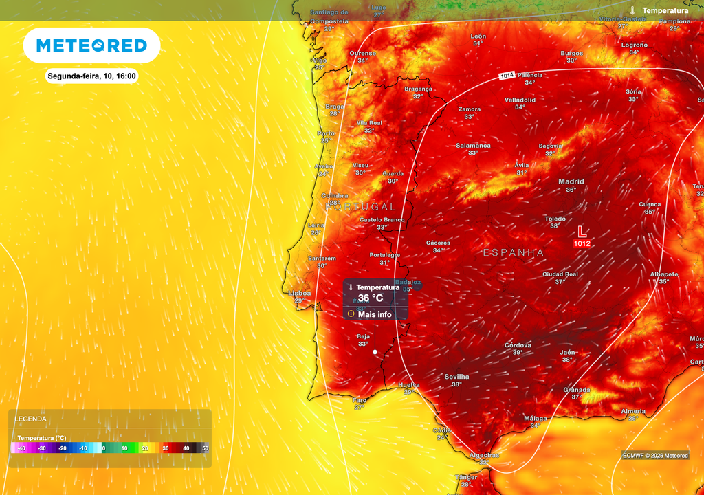 Na segunda-feira, as temperaturas começarão a subir em Portugal continental, com valores mais elevados no interior, onde localmente poderão atingir 35-36 ºC. Junto ao litoral, a influência atlântica manterá as máximas mais moderadas.