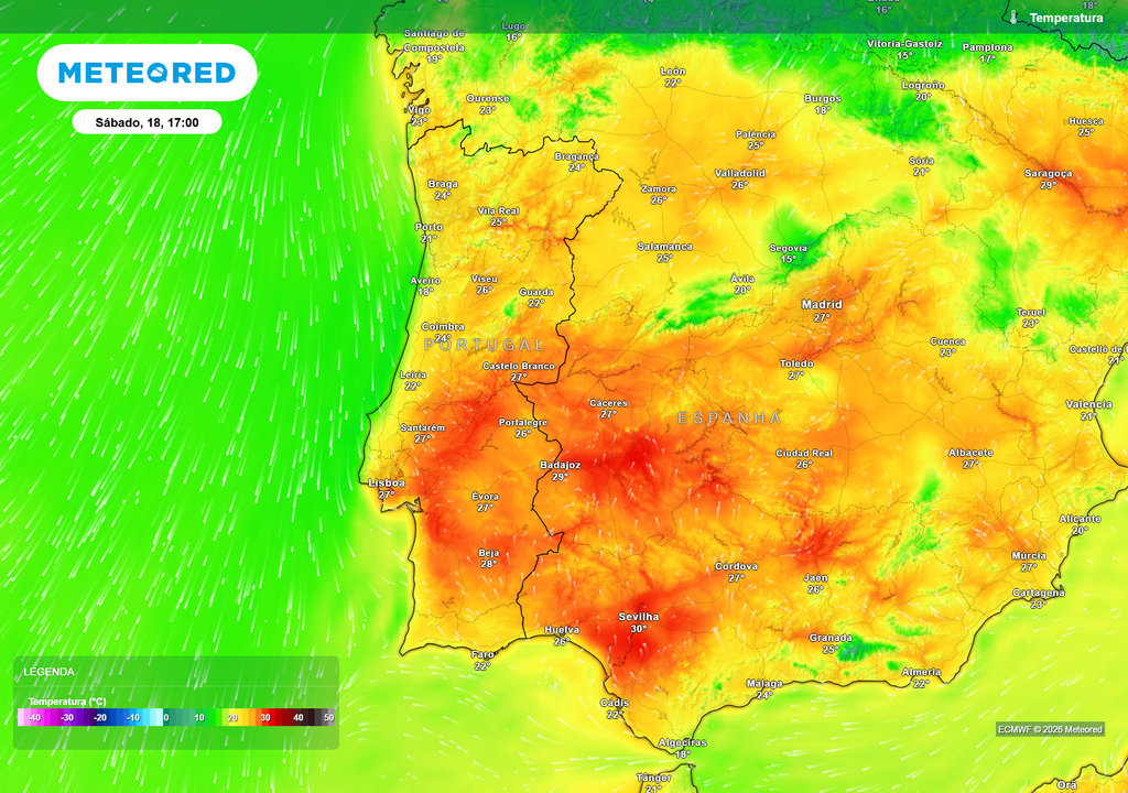 Subida significativa das temperaturas no fim de semana, com valores até 30 °C no interior sul, enquanto o litoral mantém temperaturas mais moderadas devido à influência marítima.