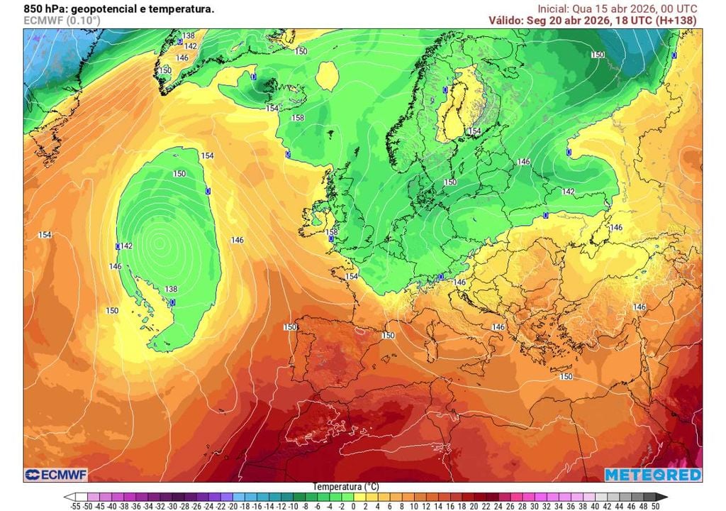 Este mapa combina a altura geopotencial aos 850 hPa (linhas) com a temperatura aos 850 hPa (cores), permitindo analisar simultaneamente a dinâmica da atmosfera em altitude e a massa de ar presente. As ondulações nas linhas indicam cavados (associados a instabilidade e ar frio em altitude) e cristas (associadas a tempo mais estável), enquanto as cores revelam a advecção de ar quente ou frio a níveis baixos.