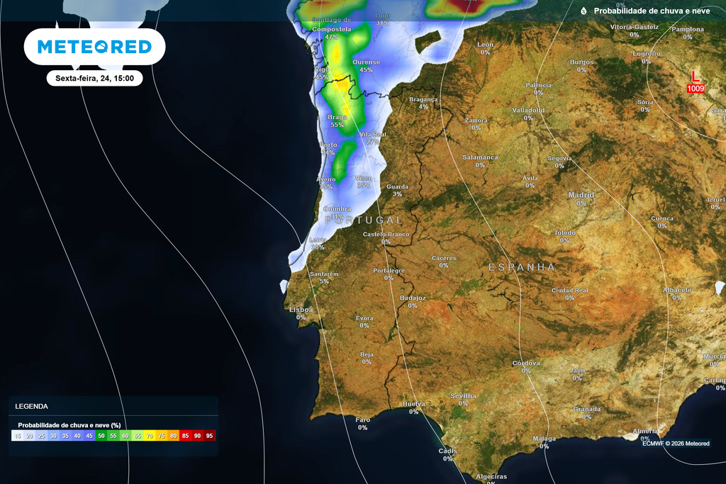 A probabilidade de precipitação será significativamente superior no litoral Norte e Centro do que nas restantes regiões.