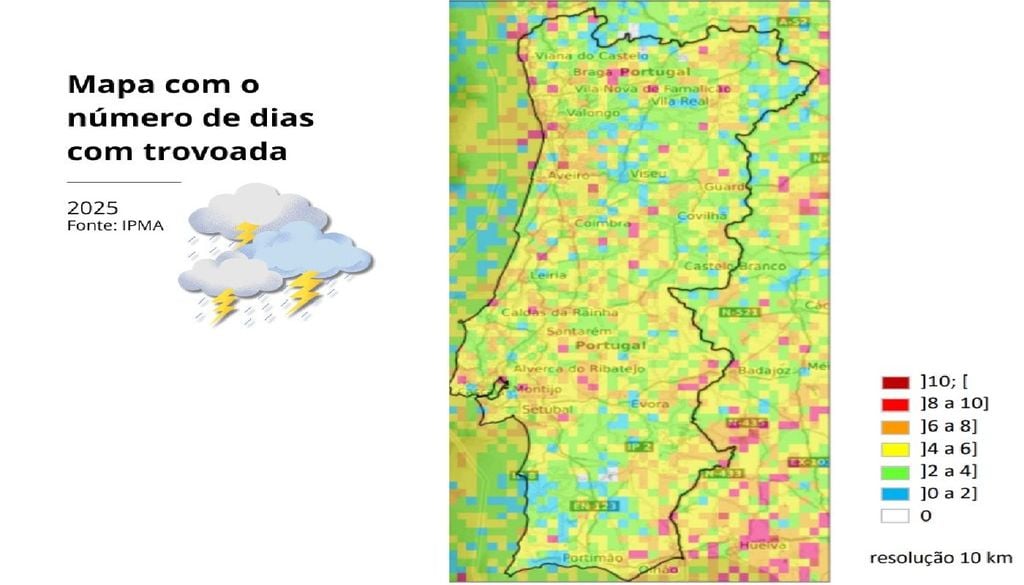 Em 2025 registaram-se dias de trovoada em quase todo o território continental, tendo o número de dias de trovoada sido superior a sete dias na maioria dos distritos. Imagem: IPMA