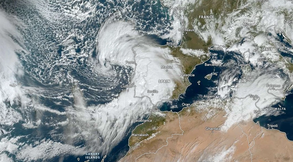 Imagen de satélite en color natural de una de las borrascas que afectó a la península ibérica el 7 de febrero de 2026. Crédito: EUMETSAT.