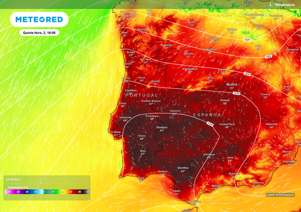 O transporte de ar muito quente fará subir significativamente as temperaturas em praticamente todo o território continental.