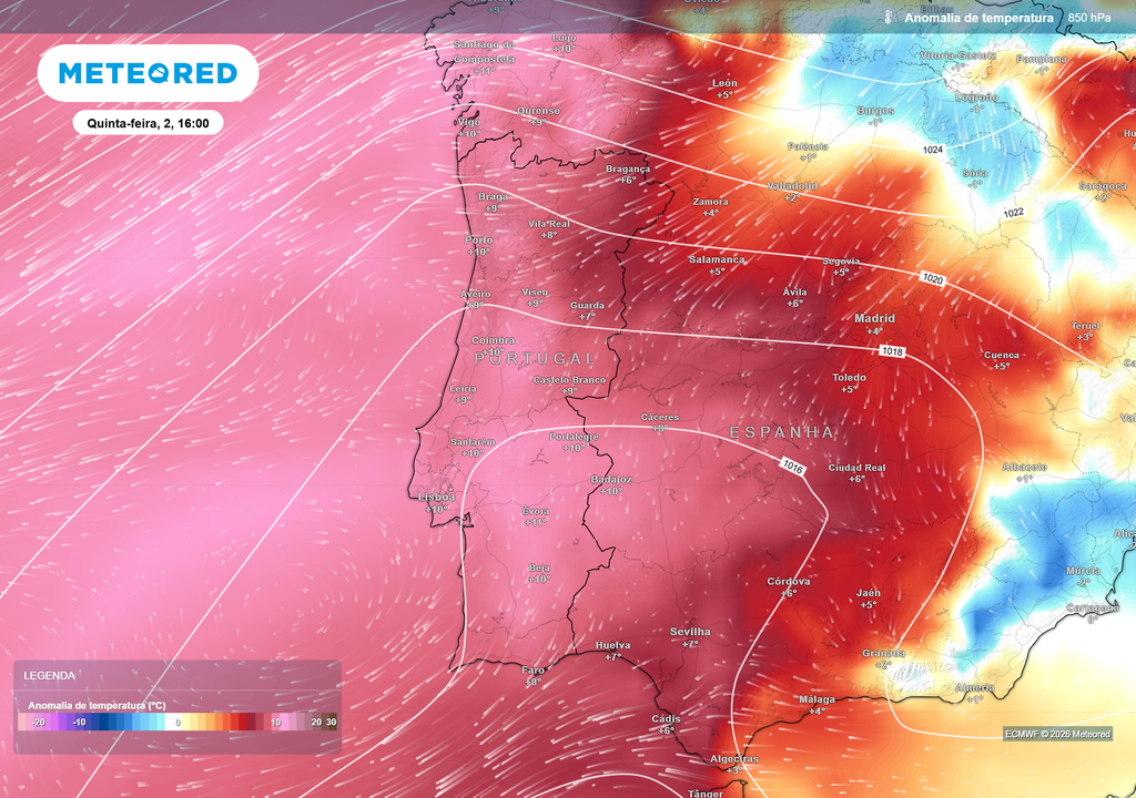 A massa de ar quente apresentará valores excecionalmente elevados também em altitude, reforçando o episódio de calor previsto.