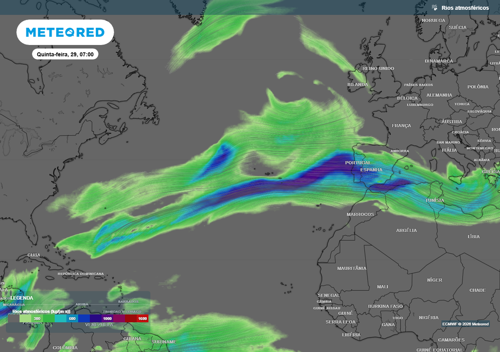 Os rios atmosféricos aumentam substancialmente a probabilidade de água precipitável no nosso território, pois contêm um elevado teor de vapor de água e são impulsionados por ventos de Oes-Sudoeste até à nossa geografia, acabando por deixar precipitação abundante e eficiente nas zonas do país mais expostas a estes "corredores de humidade".