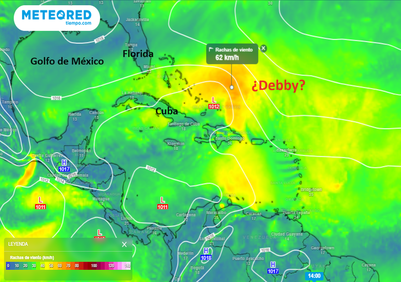 Predicción de rachas estimadas, en escala de colores y km/h, y presión en superficie para la baja tropical prevista para el viernes 2 de agosto de 2024. Tiempo.com