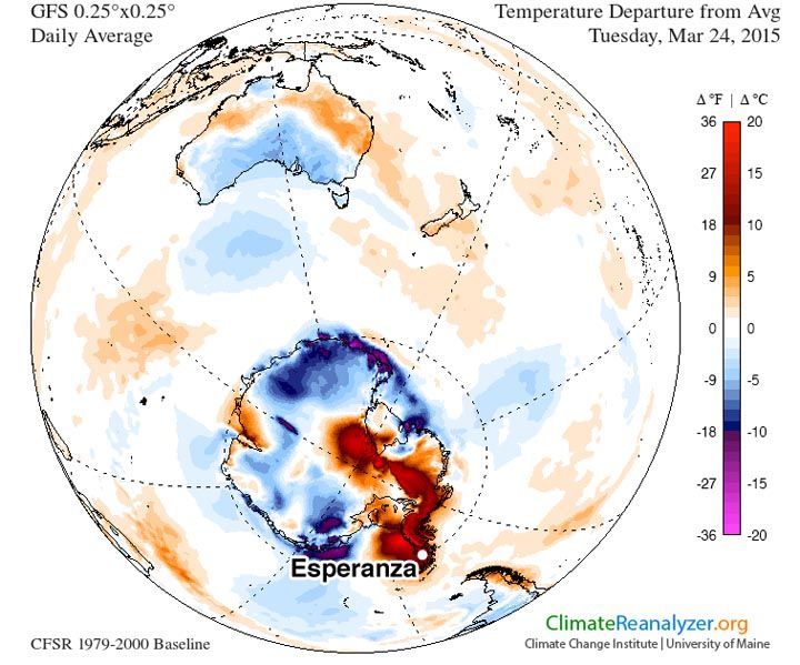 Posible Nuevo Record De Temperatura Máxima En La Antártida Diferencias de la temperatura respecto a la media para el martes, 24 de marzo 2015, sobre la Antártida. Las temperaturas estuvieron más de 17 ° C por encima del promedio en algunas zonas. Crédito de la imagen University of Main Climate Reanalyzer.