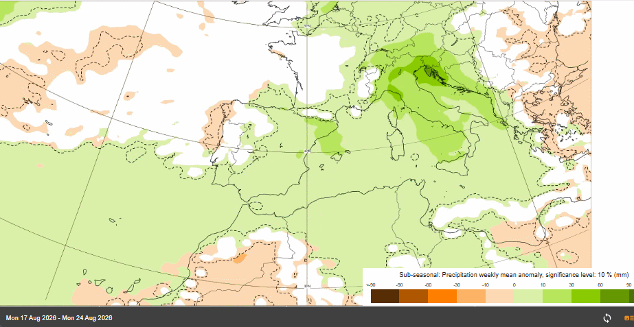 Anomalías semanales de precipitación para las mismas semanas que las de arriba: zonas verdes para anomalías positivas y naranjas para negativas de precipitación. ECMWF