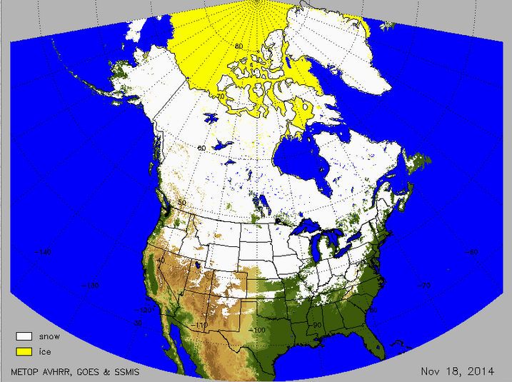 Posible Record Nacional De Nieve En Silver Lake, Eeuu Cobertura de nieve y hielo en zonas de Norte América para el 18 de noviembre de 2014.